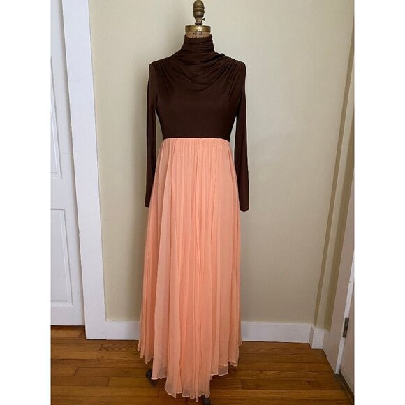 Vtg 2 Piece Long Formal Dress and Bolero Jacket Set, Brown and Peach Chiffon - Picture 5 of 10
